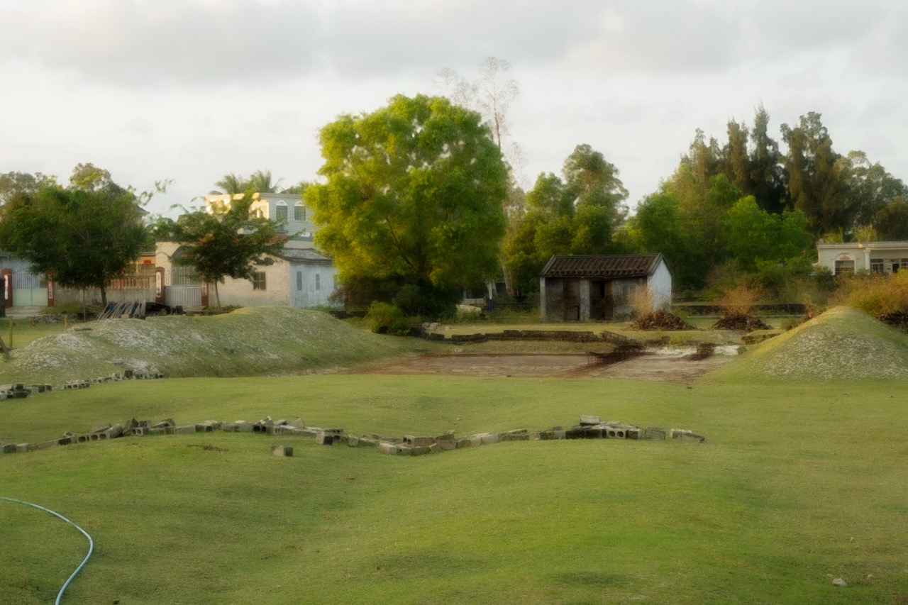 Tilt-shift dreamlike village with scattered bricks